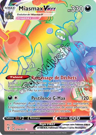 Carte Pokémon Miasmax VMAX  n°216 de la série Évolution Céleste