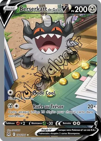 Carte Pokémon Berserkatt de Galar V  n°184 de la série Origine Perdue