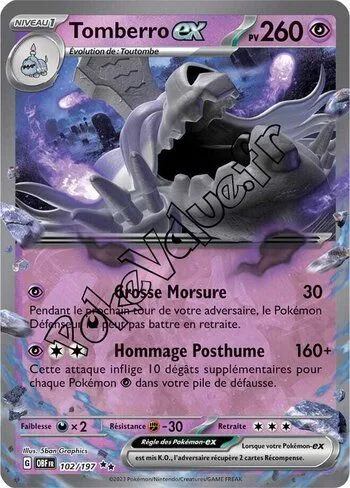 Carte Pokémon Tomberro ex  n°102 de la série Flammes Obsidiennes