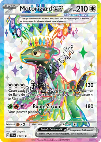 Carte Pokémon Motorizard ex  n°228 de la série Étincelles Déferlantes