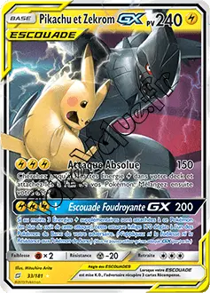 Carte Pokémon Pikachu et Zekrom GX n°33 de la série Duo de Choc
