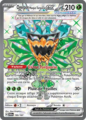 Carte Pokémon Ogerpon Masque Turquoise ex  n°190 de la série Mascarade Crépusculaire