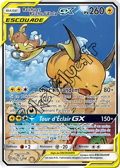 Carte Pokémon Raichu et Raichu d’Alola GX n°221 de la série Harmonie des Esprits