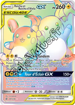 Carte Pokémon Raichu et Raichu d’Alola GX n°241 de la série Harmonie des Esprits